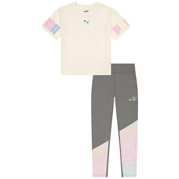 Puma Girl's L 10/12 2-piece Active Set Shirt Top and Legging Cream Gray L 10/12 - Picture 1 of 9